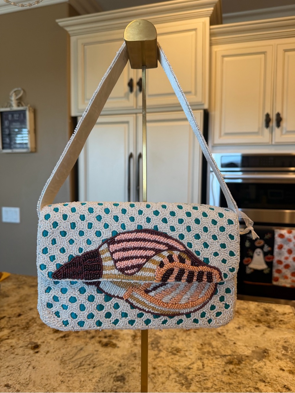 Handcrafted in India Beaded Shell Motif Shoulder Bag in White and Teal